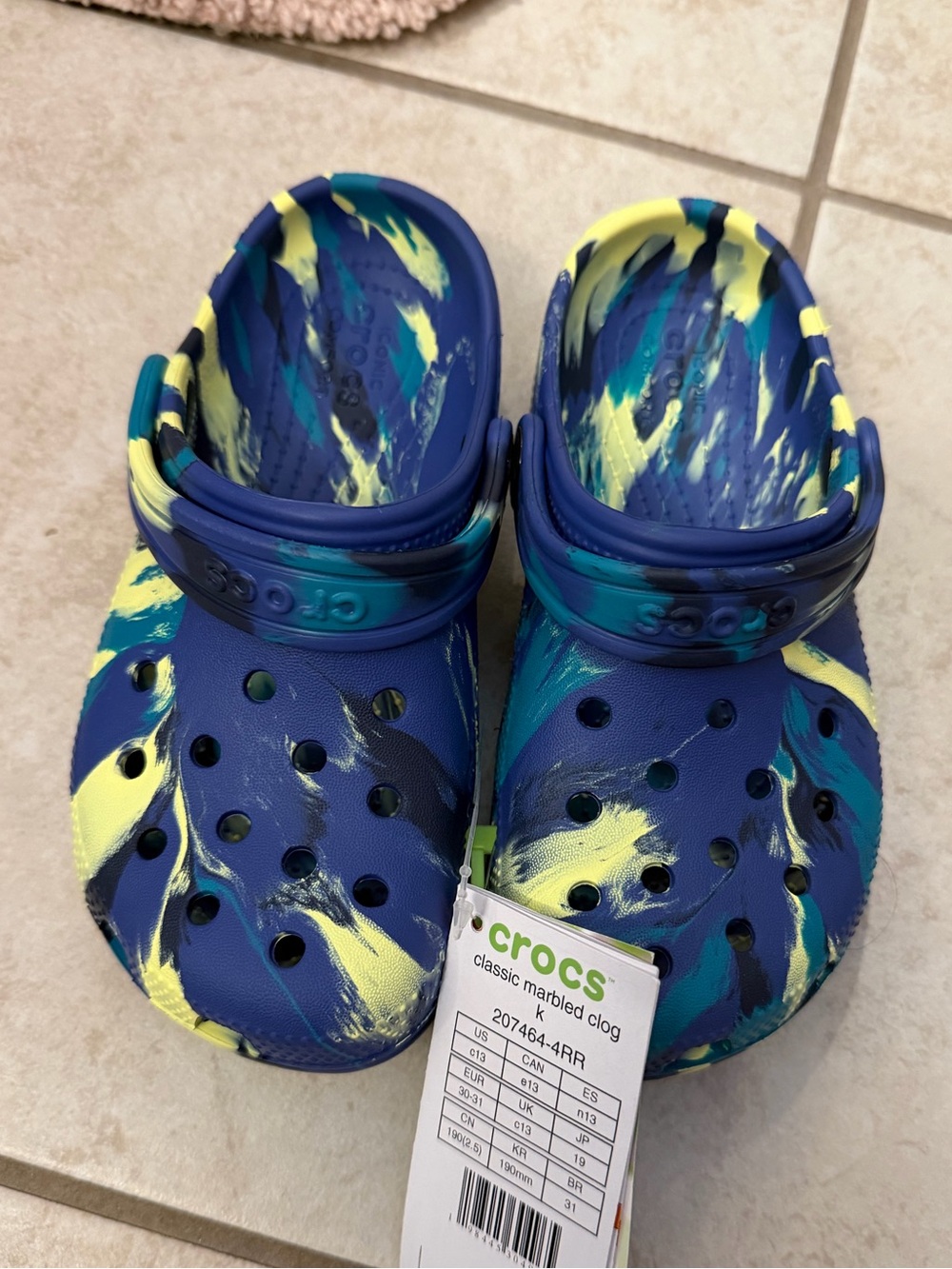 CROCS Kids Classic Marbled Clog in Blue, Teal & Yellow